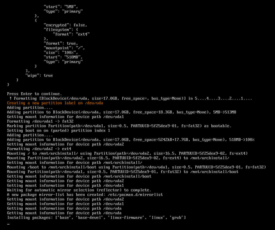 archinstall starts downloading packages